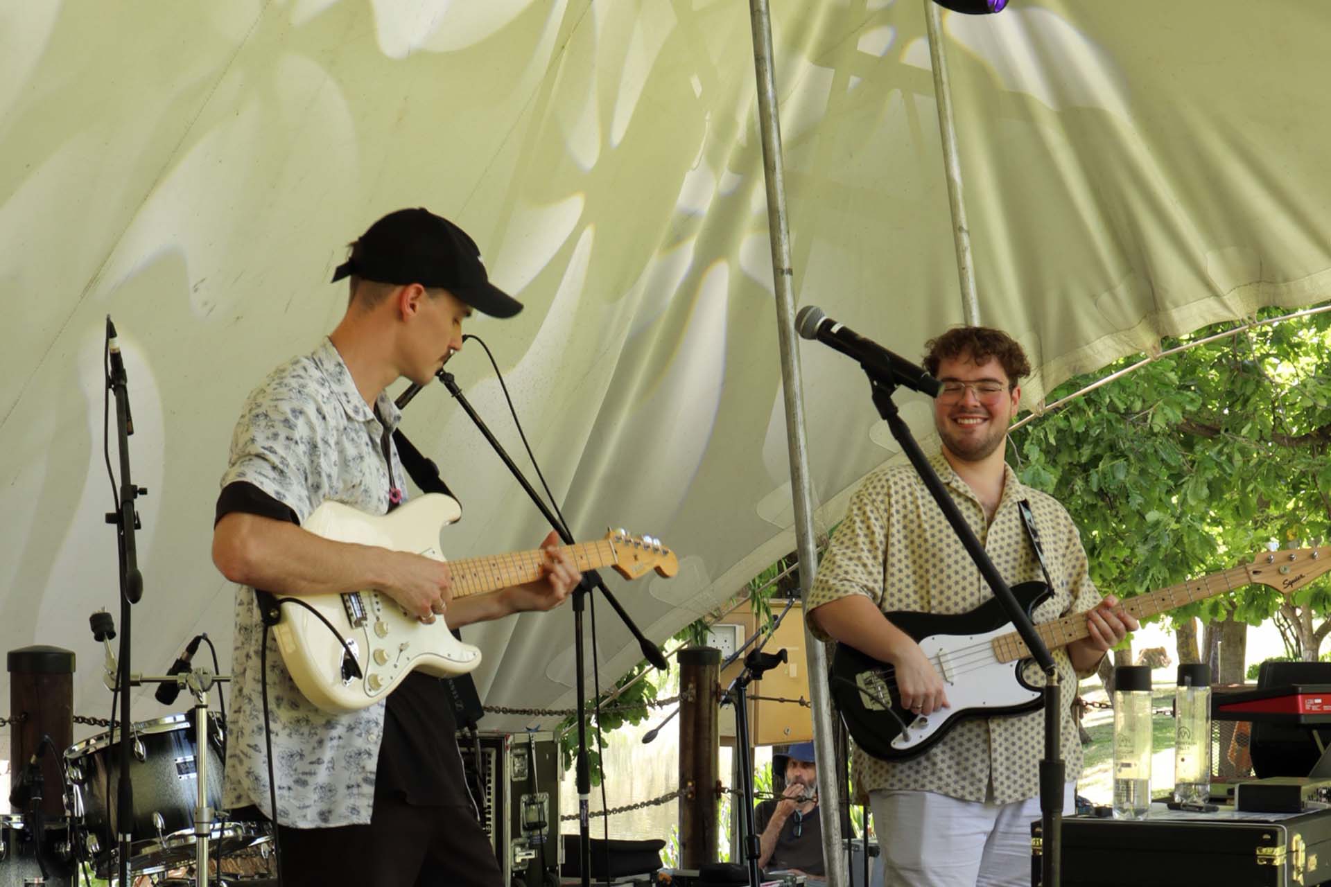 Indie singer Bob Ele performs on stage with Reece Berkeley at the Flatrock Music Festival which is a music event outside of Cape Town