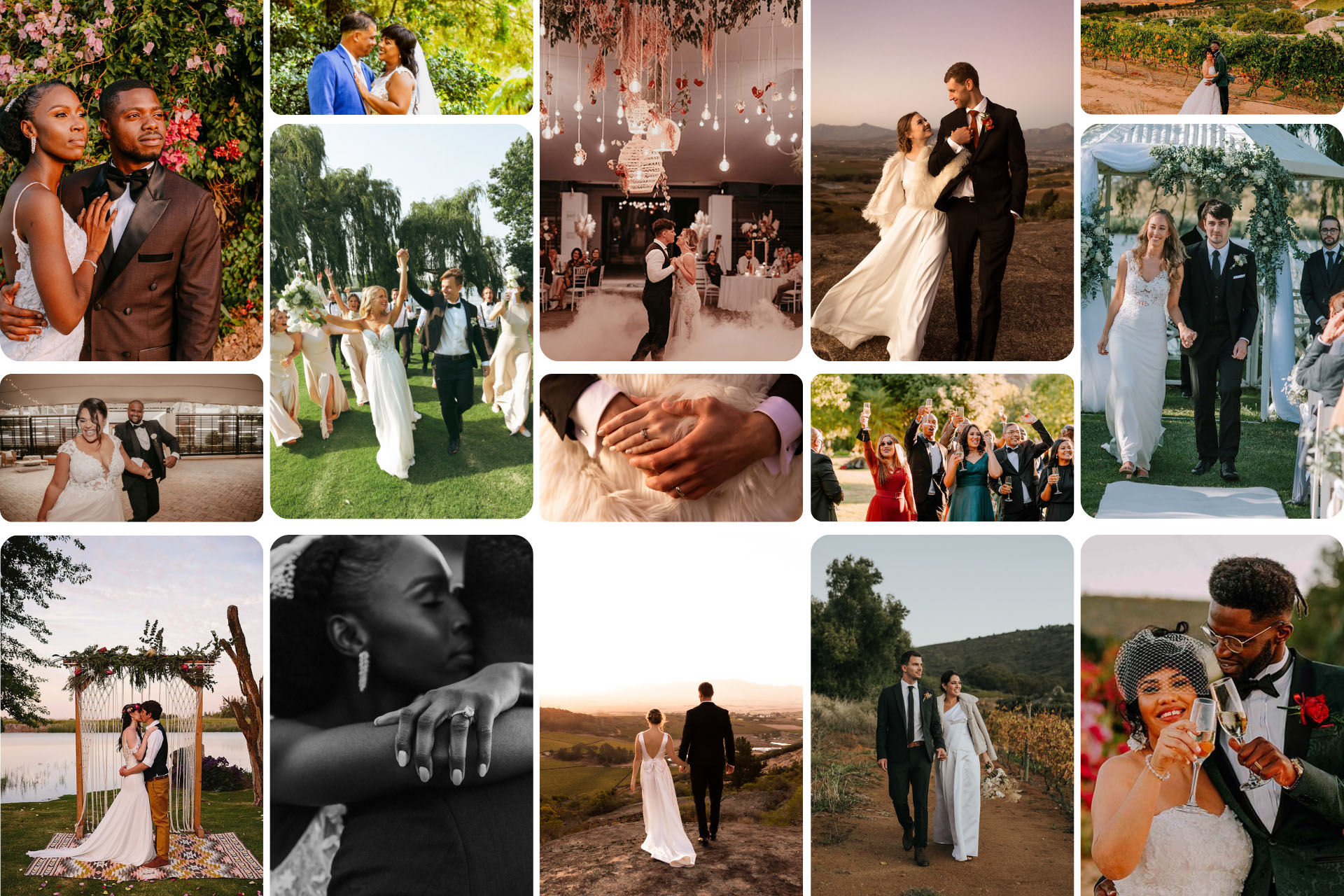 a collage of beautiful wedding ceremonies and wedding reception venues in Paarl that are offered at Rhebokskloof Estate.