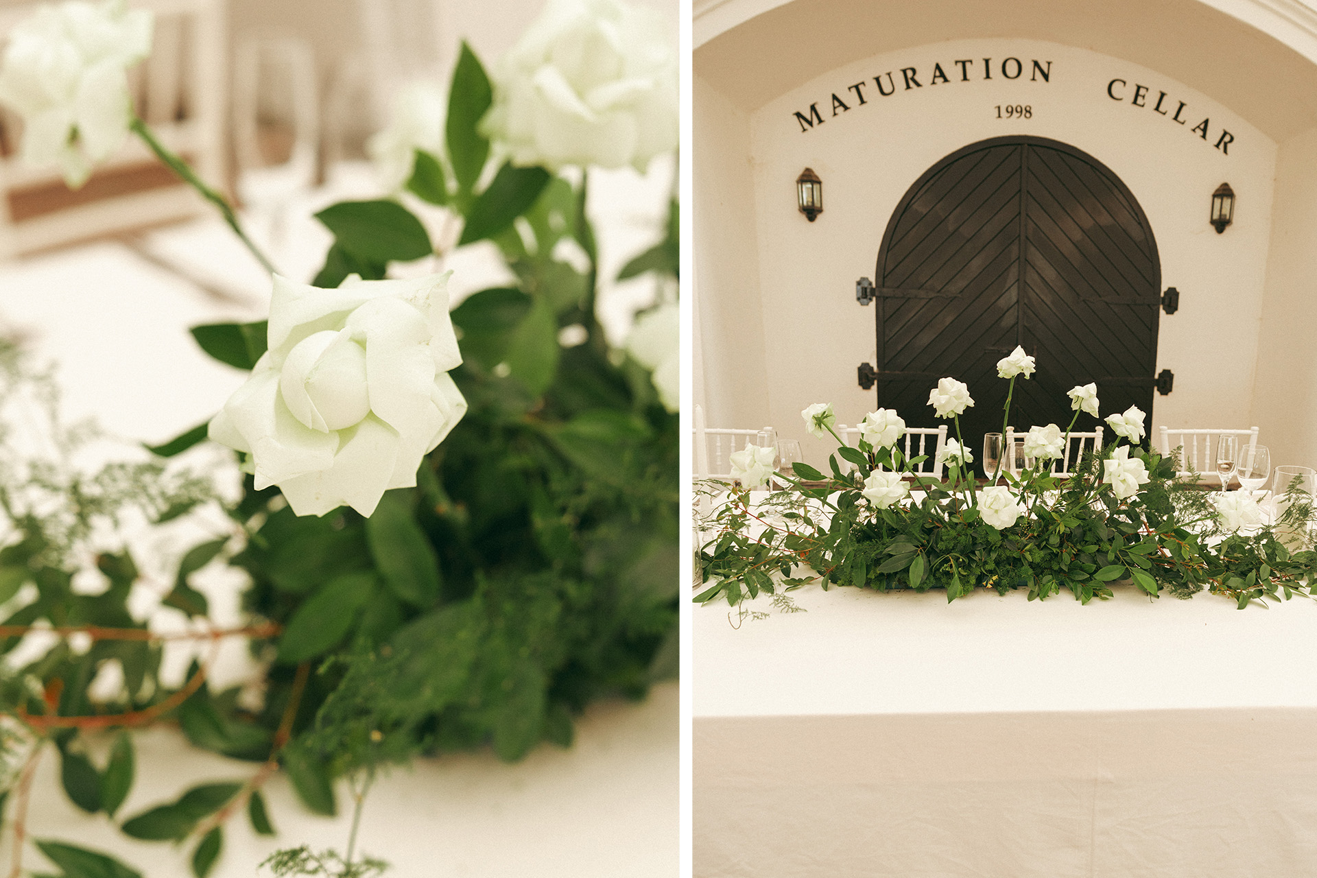 a beautiful white flower bouquet sits on a reception table before a wine cellar to represent a summer garden wedding venue theme.