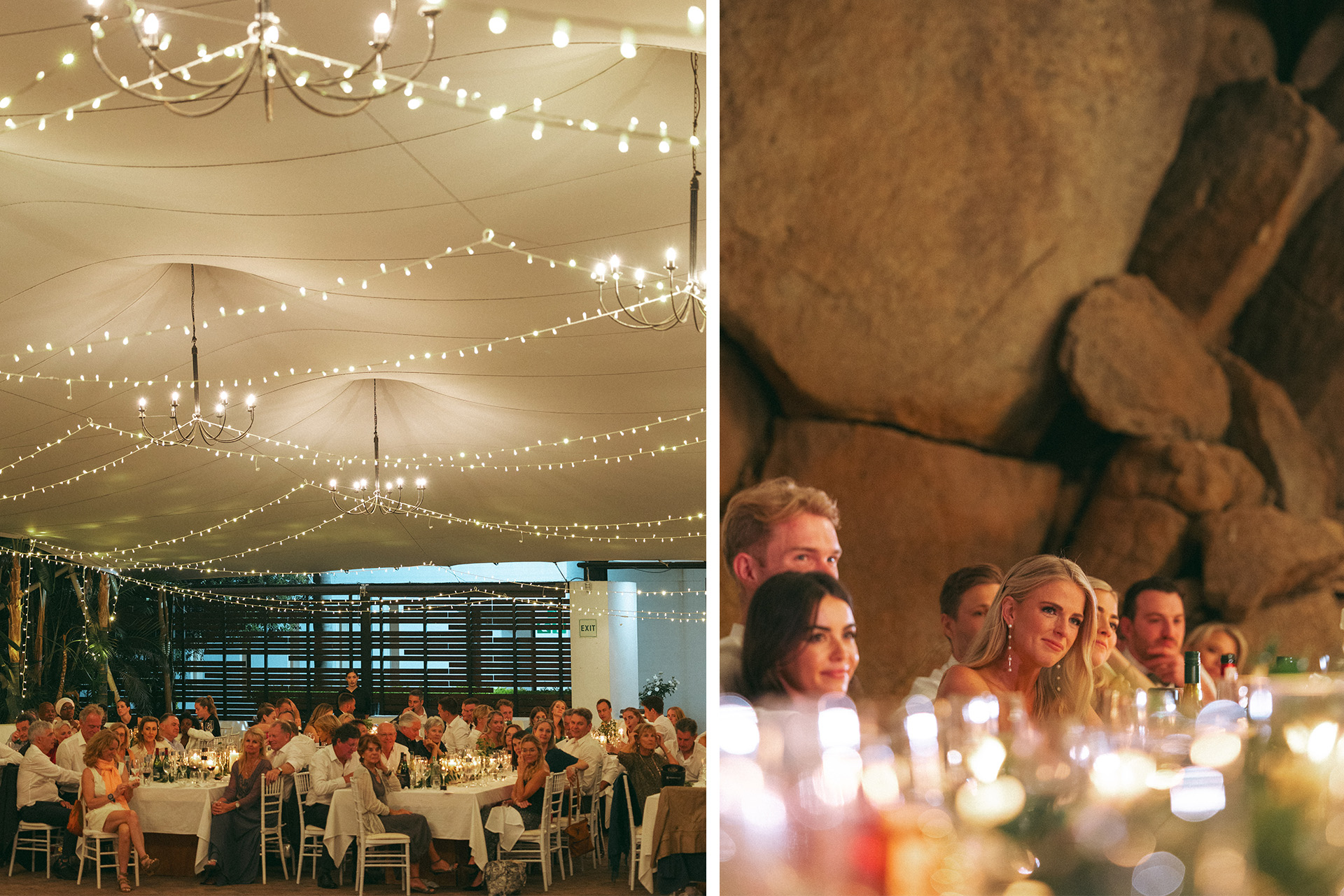 wedding guests carefully listen to the speeches in the evening in the tented reception area at Rhebokskloof surrounded by lights, candles and lots of plants.